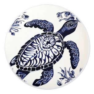 Bouton De Porte En Céramique Tortue de mer Marine Bleu et Blanc Océan face droi