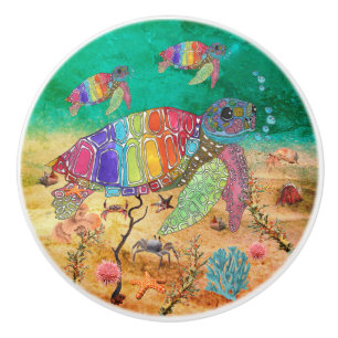 Bouton De Porte En Céramique Tortue de mer mignonne et colorée