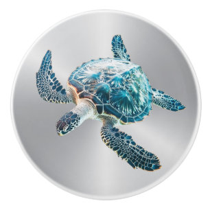 Bouton De Porte En Céramique Tortue de mer Turquoise   Côtier