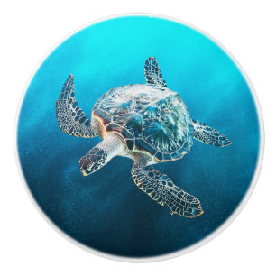 Bouton De Porte En Céramique Tortue de mer turquoise scintillante Côtière
