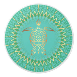 Bouton De Porte En Céramique Tortue dorée turquoise animale mandala nautique