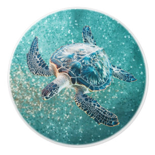 Bouton De Porte En Céramique Tortue marine turquoise scintillante   Côtière