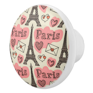 Bouton De Porte En Céramique Tour Eiffel de Paris accent cœurs romantiques
