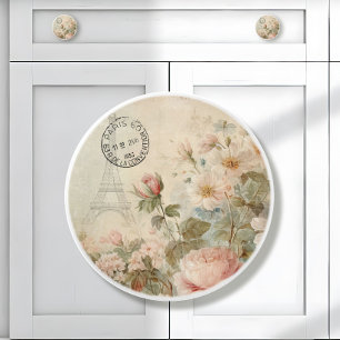 Bouton De Porte En Céramique Tour Eiffel Rose Vintage Floral Découpage