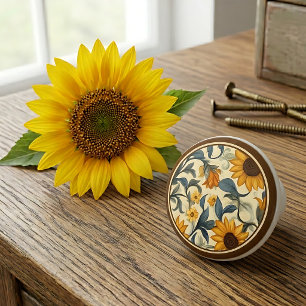 Bouton De Porte En Céramique Tournesol Art Nouveau Vintage