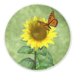 Bouton De Porte En Céramique Tournesol et papillon