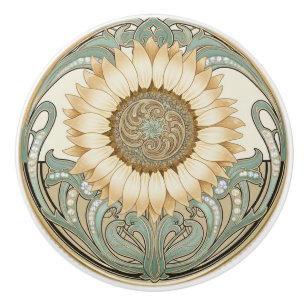Bouton De Porte En Céramique Tournesol Fleur Crème Verte Or Art Déco Nouveau