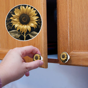 Bouton De Porte En Céramique Tournesol géant or sur fond noir