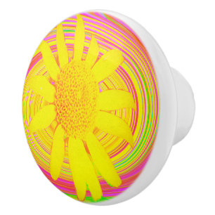 Bouton De Porte En Céramique Tournesol jaune sur une spirale psychédélique