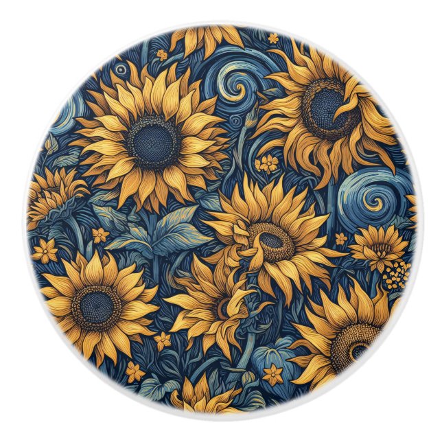 Bouton De Porte En Céramique Tournesols jaunes et bleus (Devant)