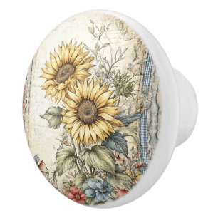 Bouton De Porte En Céramique Tournesols jaunes vintage 