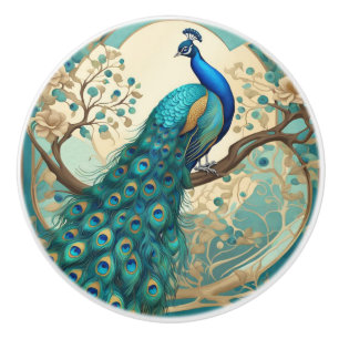 Bouton De Porte En Céramique Tourquoise Peacock Bird Art Nouveau Art Déco