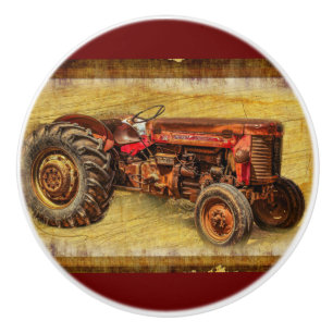Bouton De Porte En Céramique Tracteur rouge antique