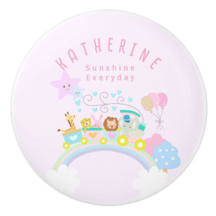 Bouton De Porte En Céramique Train Animaux Bébé Pastel Rose