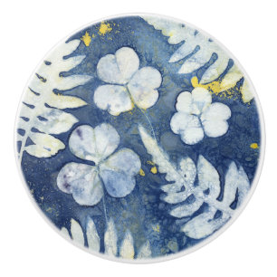 Bouton De Porte En Céramique Trèfle chic et fougères cyanotype décoratif