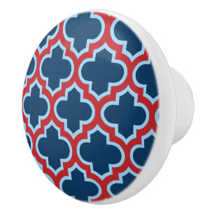 Bouton De Porte En Céramique Trellis marocain bleu et rouge, treillis, Quatrefo