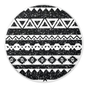 Bouton De Porte En Céramique Tribal Aztec Noir Pailleté Formes Géométriques Bla