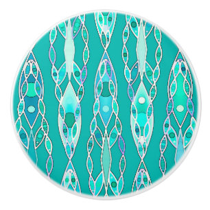 Bouton De Porte En Céramique Tribal Batik - Turquoise et Aquamarine