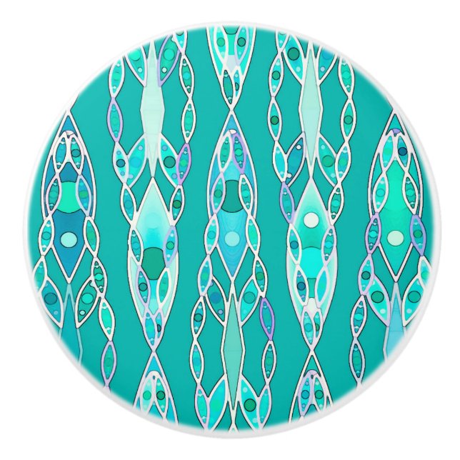 Bouton De Porte En Céramique Tribal Batik - Turquoise et Aquamarine (Devant)