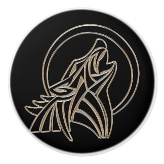 Bouton De Porte En Céramique Tribal Metallic Howling Wolf Emblem