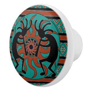 Bouton De Porte En Céramique Tribal Turquoise du Sud-Ouest Sun Kokopelli