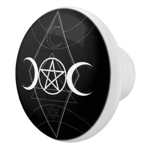 Bouton De Porte En Céramique Triple Déesse de la Lune Pentagramme Noir & Blanc 