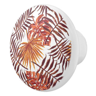 Bouton De Porte En Céramique Tropical Orange Brown Palm Feuille Aquarelle Art