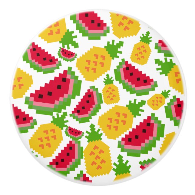 Bouton De Porte En Céramique Tropical Watermelon and Pineapple Pixel Pattern (Devant)