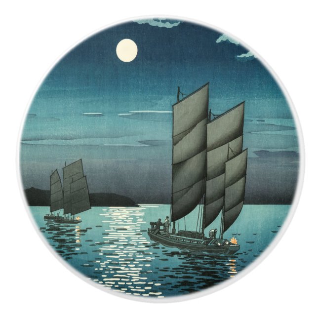 Bouton De Porte En Céramique Tsuchiya Koitsu - Bateaux à Shinagawa, Nuit (Devant)