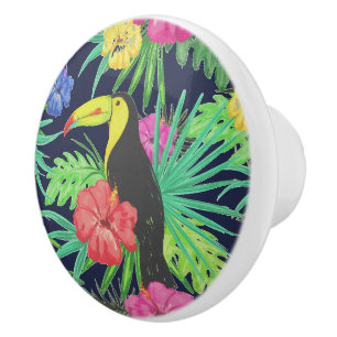 Bouton De Porte En Céramique Tucan tropical et forêt tropicale Feuille