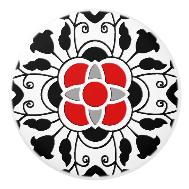 Bouton De Porte En Céramique Tuile marocaine florale, rouge-foncé, noire et (Devant)