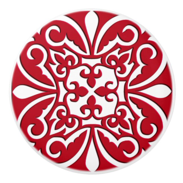 Bouton De Porte En Céramique Tuiles marocaines - rouge foncé et blanc (Devant)