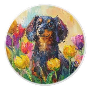 Bouton De Porte En Céramique Tulipes colorées Dachshund mignonne Peinture