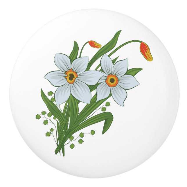 Bouton De Porte En Céramique Tulipes et fleurs de jonquilles (Devant)