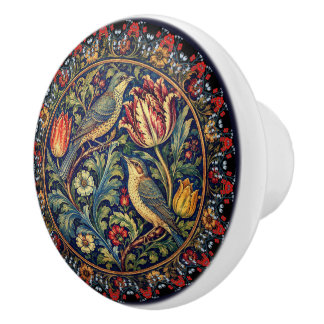 Bouton De Porte En Céramique Tulipes Oiseaux Floral Victorien de style William