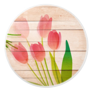 Bouton De Porte En Céramique Tulipes rouges sur Arrière - plan de bois propre