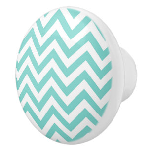 Bouton De Porte En Céramique Turquoise Aqua White Large Chevron ZigZag
