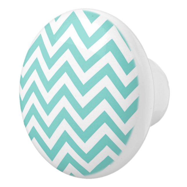 Bouton De Porte En Céramique Turquoise Aqua White Large Chevron ZigZag (Droite)