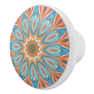 Bouton De Porte En Céramique Turquoise Blue Red Peach Orange Mandala Round Sun