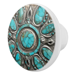 Bouton De Porte En Céramique Turquoise Céleste Art avec Étain