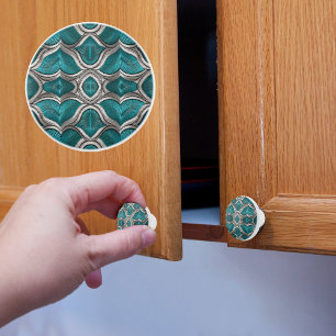 Bouton De Porte En Céramique Turquoise et Argent Fantaisie