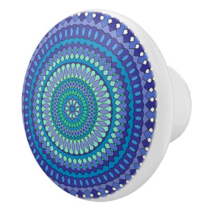 Bouton De Porte En Céramique Turquoise et motif mandala bleu sarcelle classique