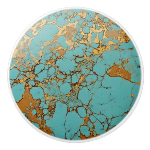 Bouton De Porte En Céramique Turquoise Gold Gem Motif
