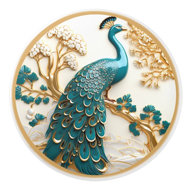 Bouton De Porte En Céramique Turquoise Peacock Gold Branche Fleurs blanches (Devant)