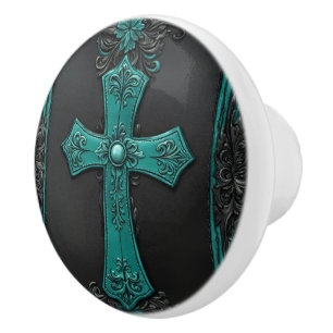 Bouton De Porte En Céramique Turquoise Religieux Christian Western Pays Croix