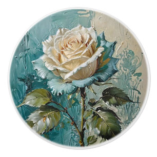 Bouton De Porte En Céramique Turquoise vert et crème Rose Floral Art Oil Design