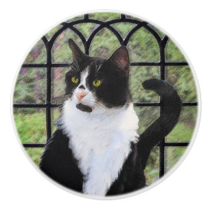 Bouton De Porte En Céramique Tuxedo Chat dans la peinture de fenêtre Art animal