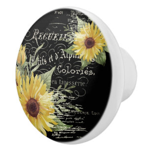 Bouton De Porte En Céramique Typographie vintage et tournesols sur fond noir