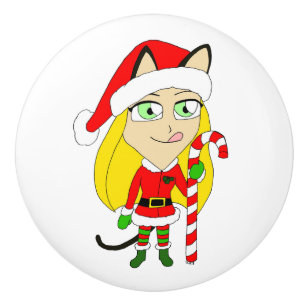 Bouton De Porte En Céramique un catgirl chibi de Noël