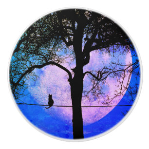 Bouton De Porte En Céramique Un chat noir sur un fil pleine lune